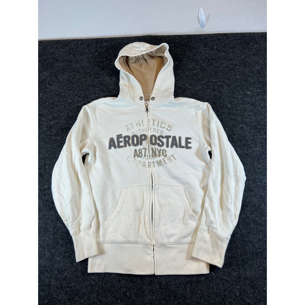 Vintage Aeropostale Mens Full Zip Hoodie Cream Waffle Lined Y2K A87 NYC Small